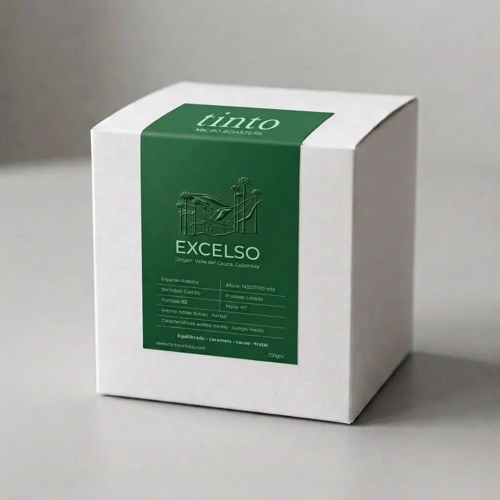 Caja de café Excelso, origen Valle del Cauca Colombia - Tinto Café